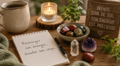 Pierres naturelles de vitalité dans un espace zen avec bougie, carnet de bien-être et message inspirant pour retrouver son énergie