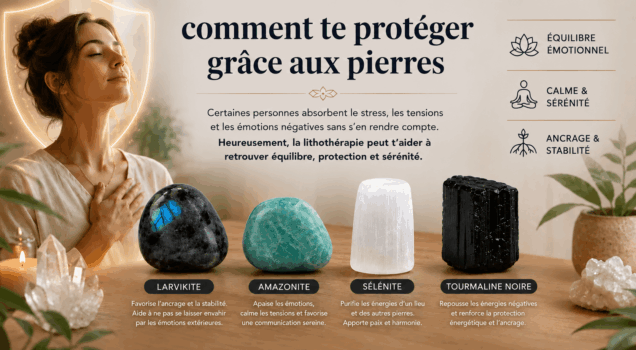 Comment te protéger grâce aux pierres: améthyste, larvikite, amazonite et tourmaline noire exposées sur une table avec une femme en arrière-plan.