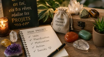 Pierres naturelles pour réussir ses projets avec citrine, pyrite, œil de tigre, aventurine verte et cristal de roche dans un espace de travail inspirant