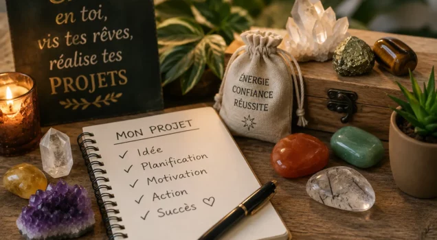 Pierres naturelles pour réussir ses projets avec citrine, pyrite, œil de tigre, aventurine verte et cristal de roche dans un espace de travail inspirant