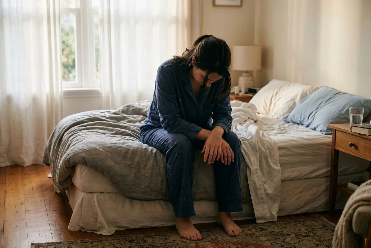 Personne assise sur un lit, la tête penchée, l’air épuisé et les épaules affaissées dans une chambre lumineuse.