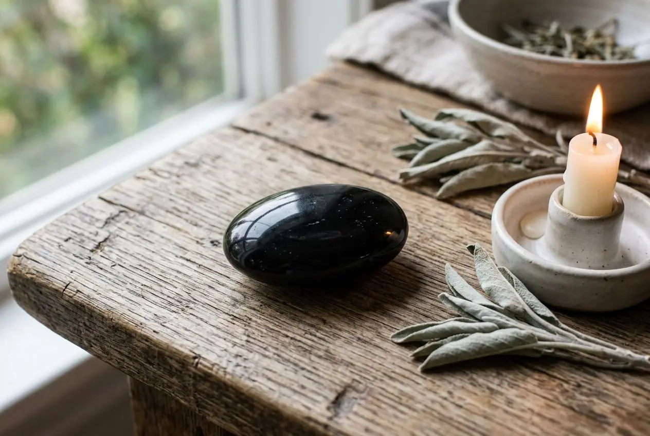 Pierre d’obsidienne noire polie sur une table en bois, près d’une bougie et de branches argentées; guide sur les erreurs avec l’obsidienne noire.