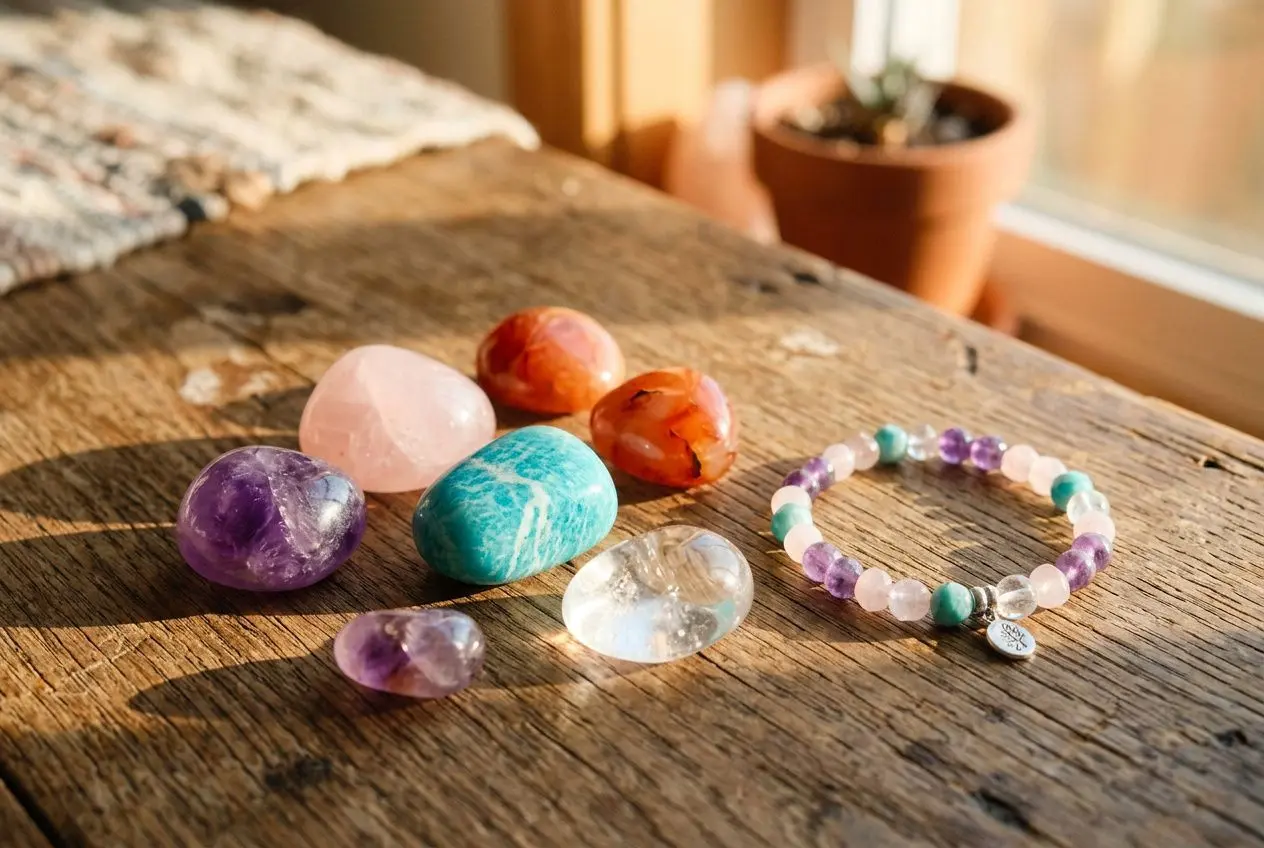 Pierres et bracelet en pierres naturelles sur une table en bois, avec lumière naturelle et ambiance zen, évoquant lithothérapie et grosse chaleur.