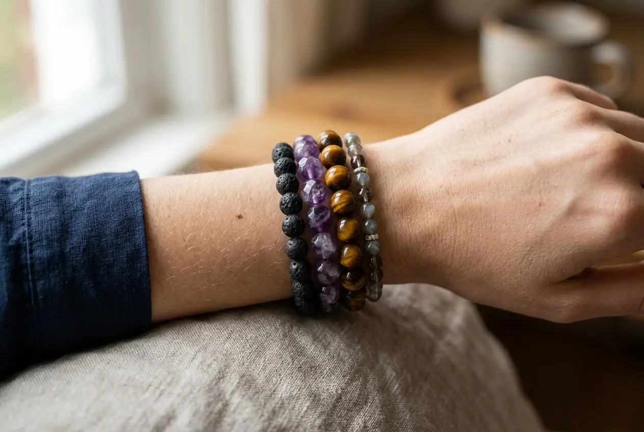 Poignet avec plusieurs bracelets de pierres naturelles colorées superposées, près du poignet droit. peut on porter plusieurs pierres ensemble intégration naturelle.