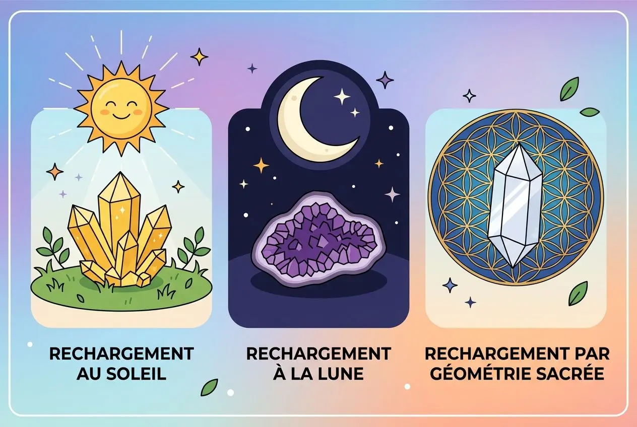 Pourquoi certaines personnes ne ressentent rien avec les pierres ? Illustration montrant trois méthodes : recharge au soleil, recharge à la lune et recharge par géométrie sacrée.