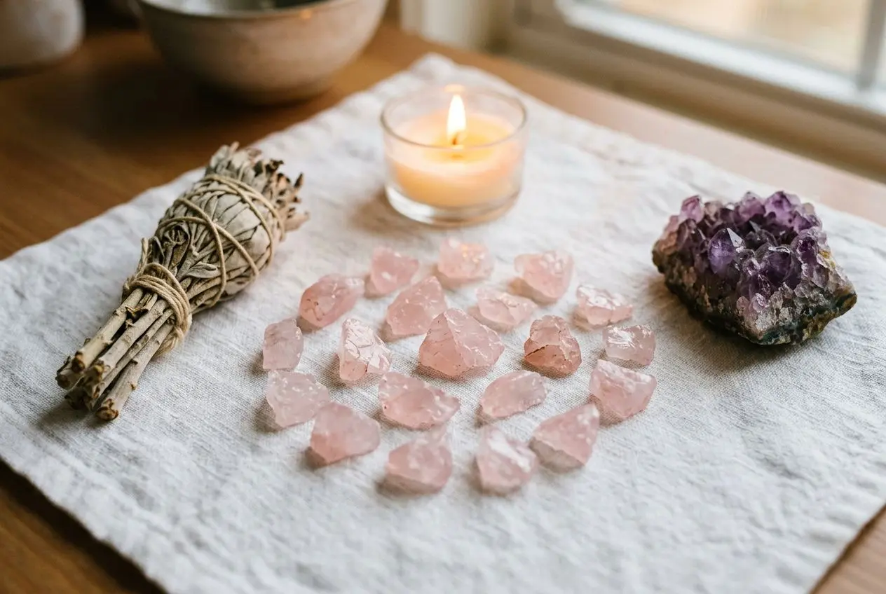 Vue d’ensemble d’un aménagement lithothérapie: pierres roses cassées, amas de quartz rose, fagot de sauge et améthyste brute, bougie chaleureuse. Pourquoi une pierre se casse-t-elle ? Souligne fragilité et énergie.