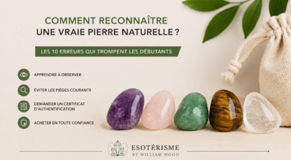 Illustration représentant plusieurs pierres naturelles (améthyste, quartz rose, aventurine verte, œil de tigre et cristal de roche) pour apprendre à reconnaître une vraie pierre naturelle et éviter les imitations.