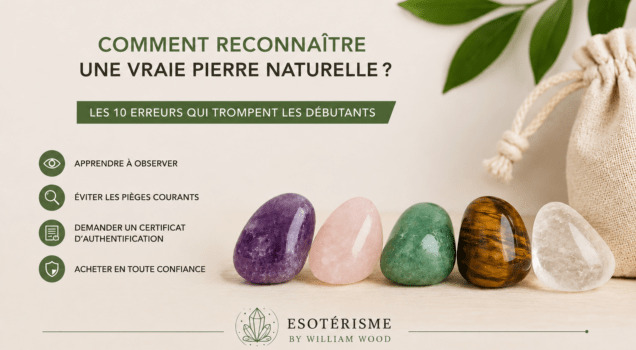 Illustration représentant plusieurs pierres naturelles (améthyste, quartz rose, aventurine verte, œil de tigre et cristal de roche) pour apprendre à reconnaître une vraie pierre naturelle et éviter les imitations.