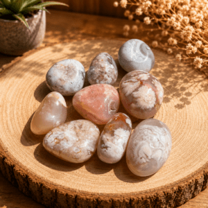 Pierre roulée Agate Fleur de Cerisier naturelle aux motifs floraux roses