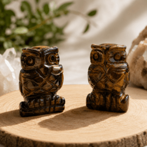 Chouette en Œil de Tigre naturelle – symbole de protection et de courage en lithothérapie