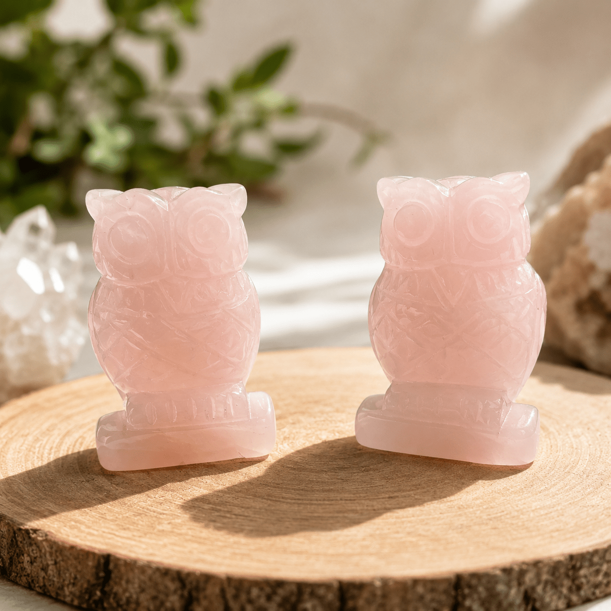 Chouette en Quartz Rose naturelle – symbole d'amour et de sérénité en lithothérapie