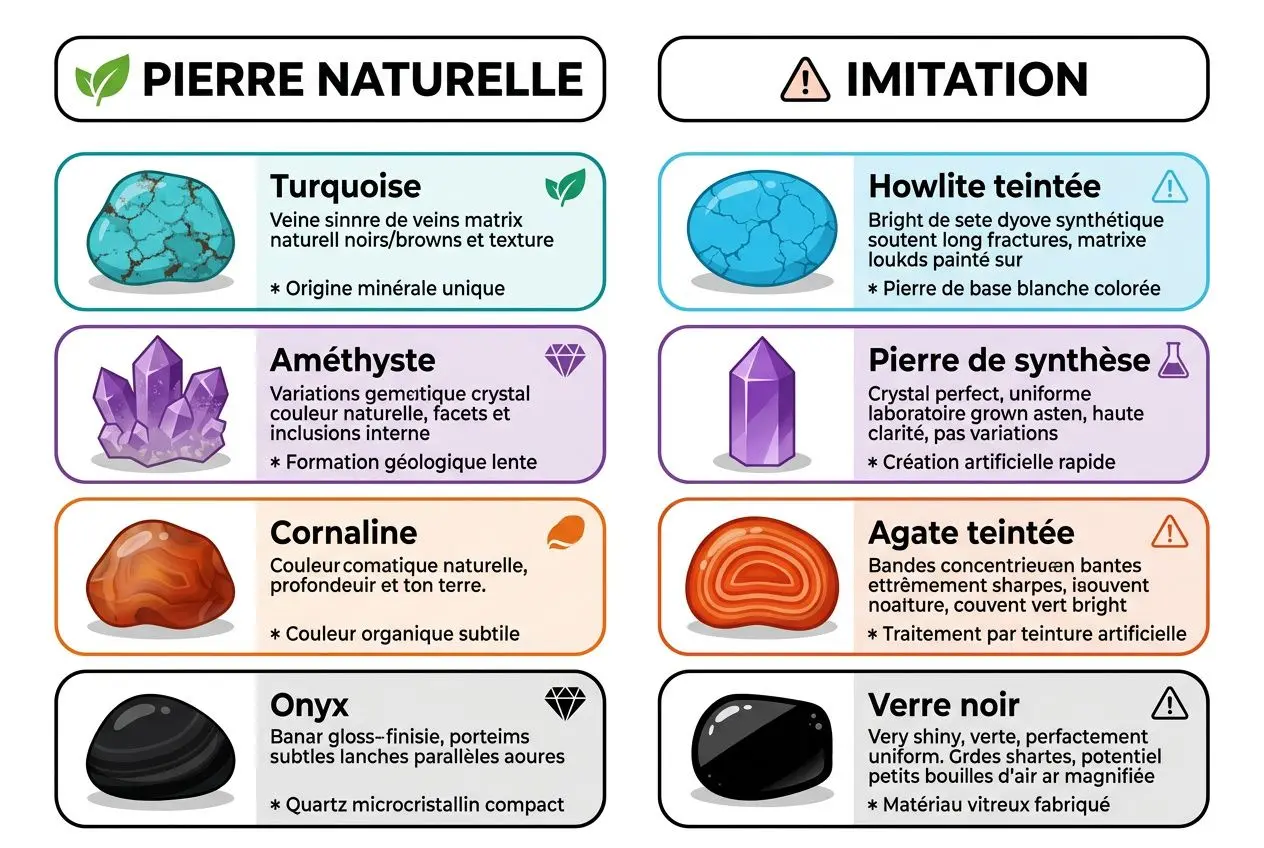 Alternance d’illustrations: pierres naturelles et imitation, avec étiquettes Turquoise, Améthyste, Cornaline, Onyx et Pierre de synthèse, et Verre noir sur fond blanc.