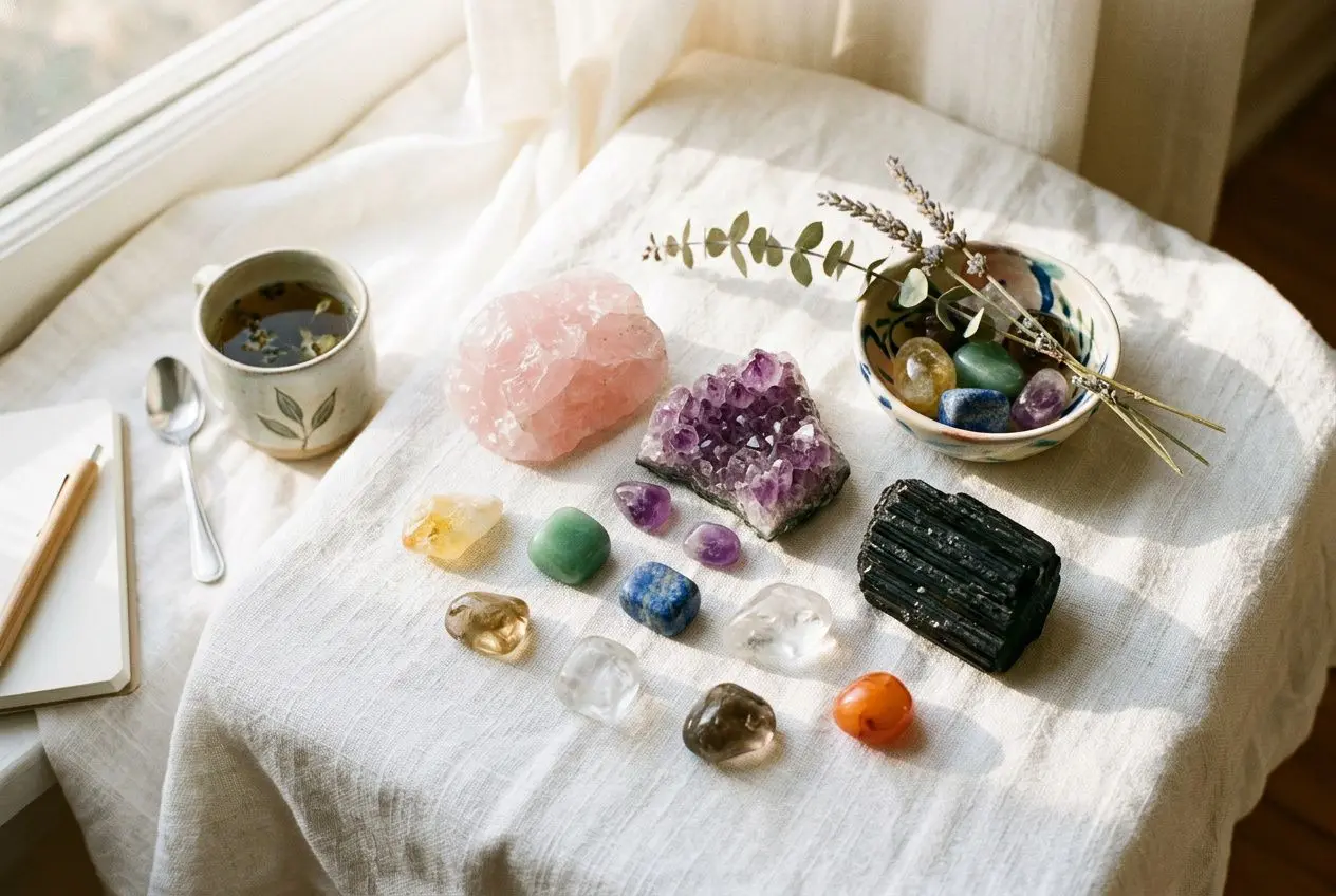 Assortiment de pierres et cristaux colorés sur une nappe, avec tasse, plante en bouquet et carnet, prêt à découvrir comment choisir sa première pierre quand on débute ?
