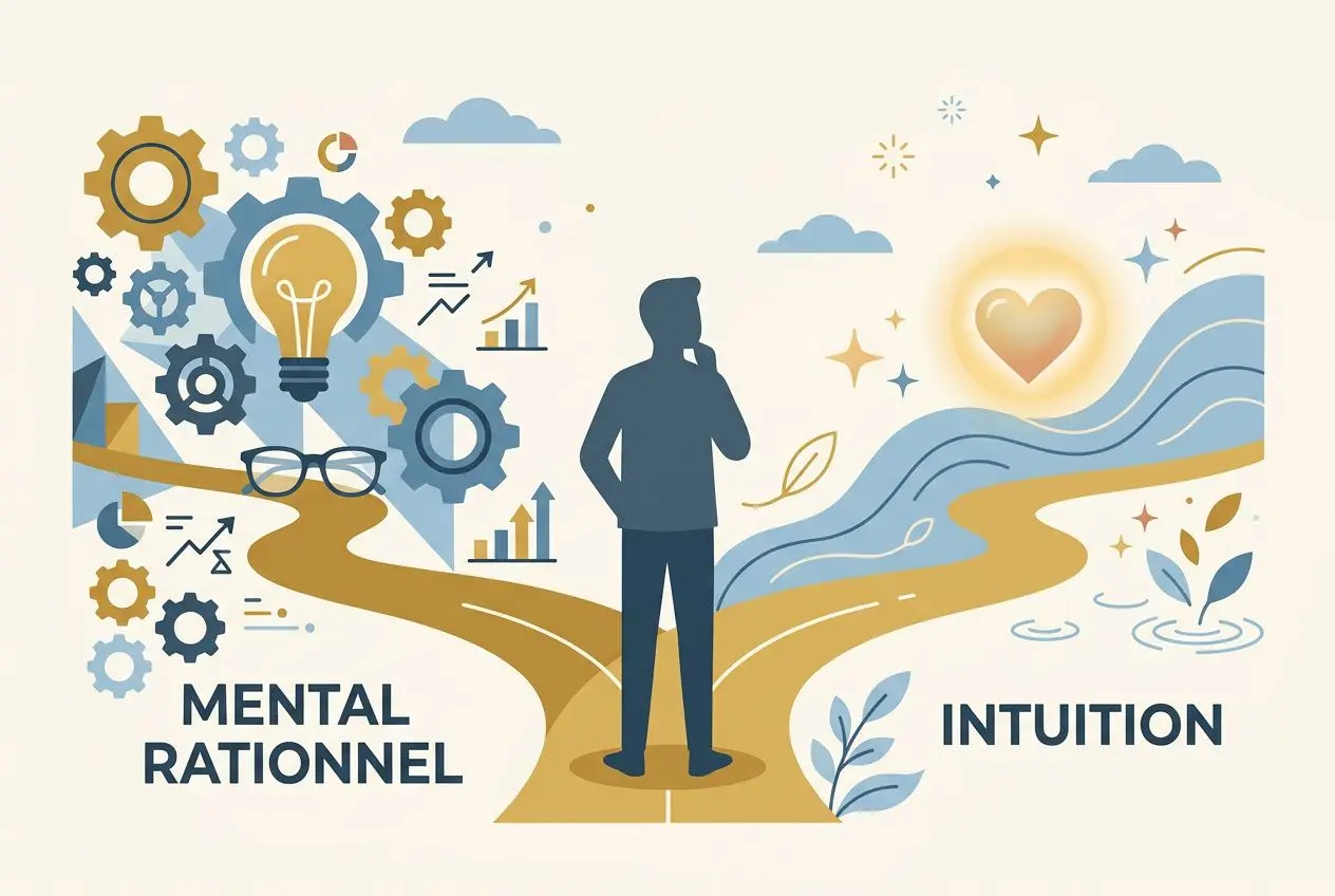 Chemin visuel montrant la voie entre rationalité et intuition, silhouette masculine au centre, engrenages et ampoule à gauche, cœur lumineux à droite, symbolisant le développement personnel et l’intuition.