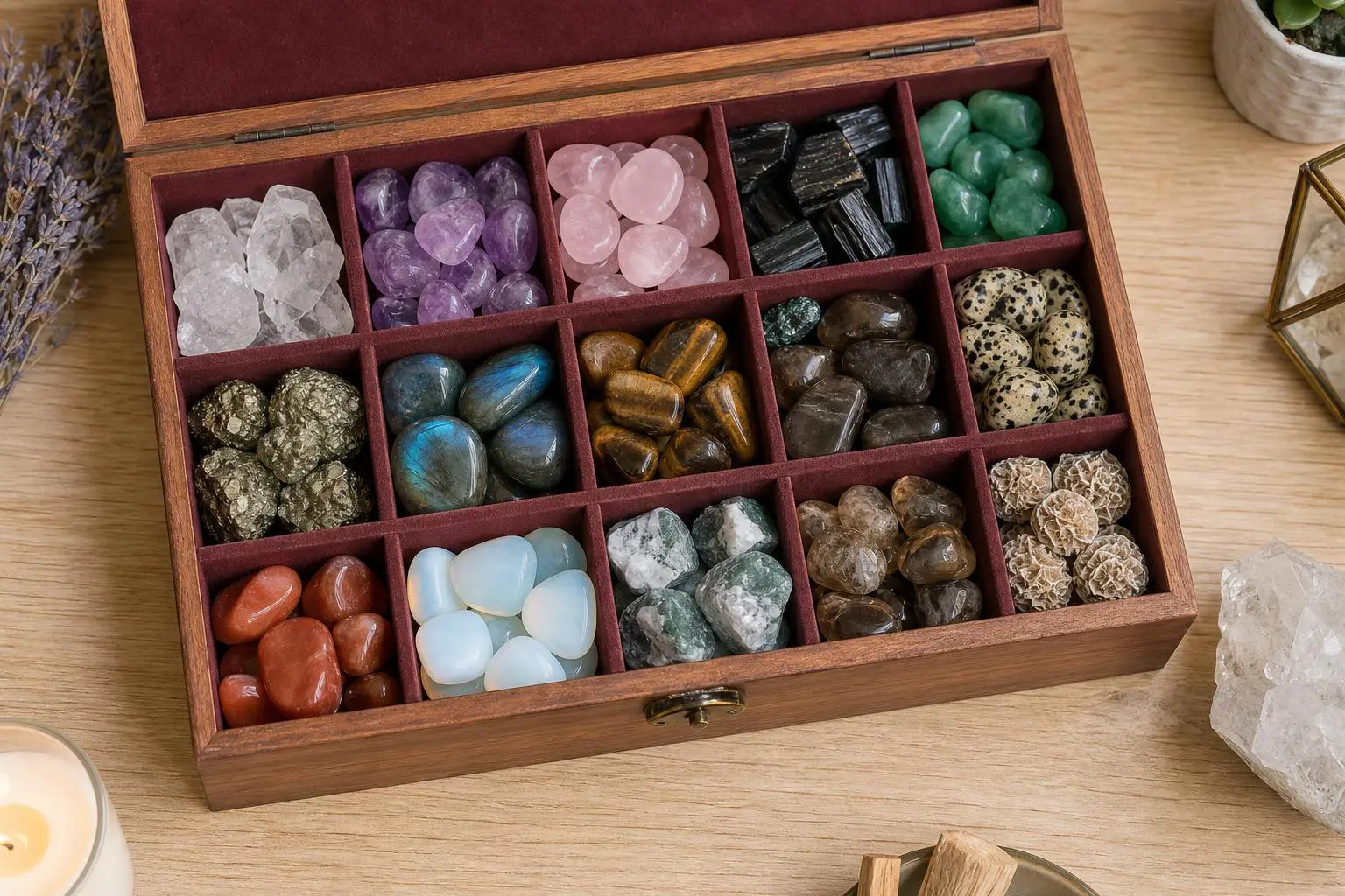 Coffret en bois avec compartiments contenant diverses pierres et cristaux colorés soigneusement rangés.