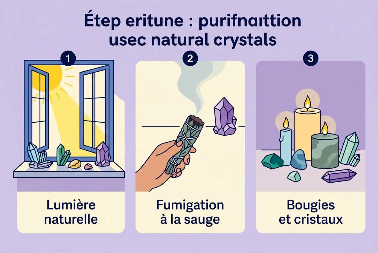 Comment purifier une maison avec les pierres naturelles ? Étapes illustrées: lumière naturelle, fumigation à la sauge et bougies avec cristaux.
