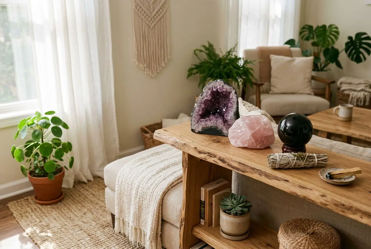 Comment purifier une maison avec les pierres naturelles ? Plateau en bois avec géodes d’améthyste et quartz rose sur table, ambiance zen et plantes d’intérieur.