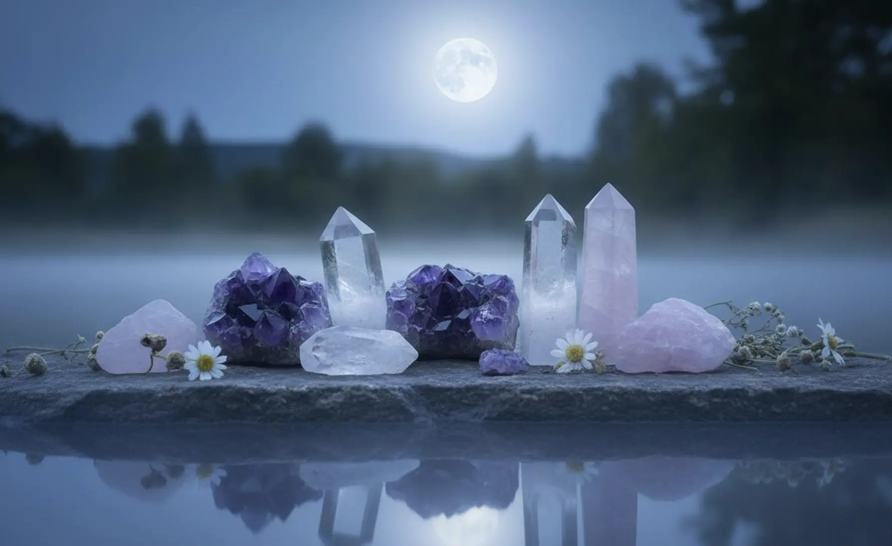 Cristaux et pierres naturelles posés sur une pierre au bord de l’eau, sous une lune bleutée, ambiance calme et apaisante. Cristaux et pierres naturelles posés sur une pierre au bord de l’eau, sous une lune bleutée, ambiance calme et apaisante.