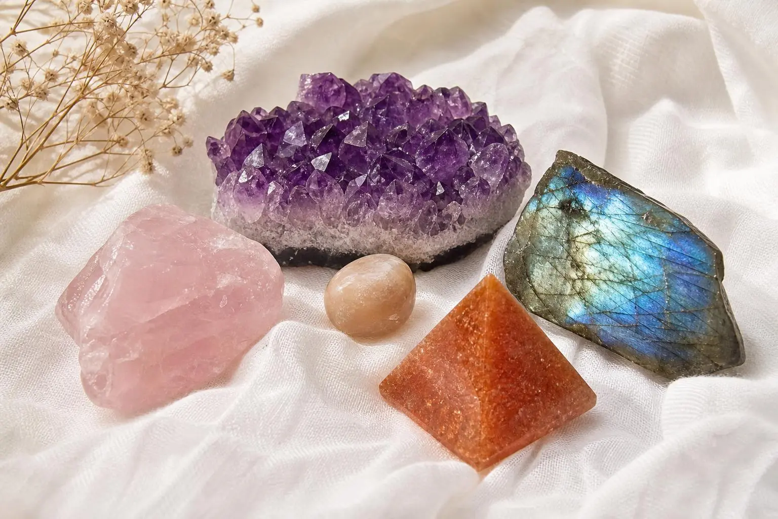 Différents cristaux et pierres colorés (améthyste, quartz rose, pierre orange, labradorite) sur drap blanc, accompagnés d’un brin de fleurs. référence au choix de pierre selon la personnalité.