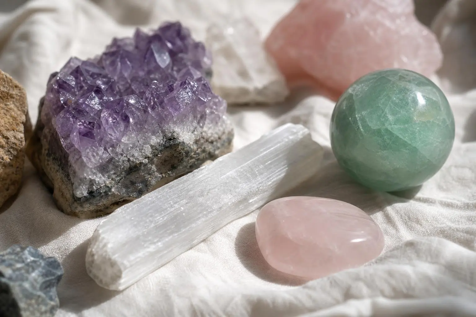 Différents cristaux et pierres naturelles posés sur un tissu: améthyste violette en géode, quarts translucide blanc, quartz rose et pierre sphérique verte. Comment transporter ses pierres sans les abîmer ?