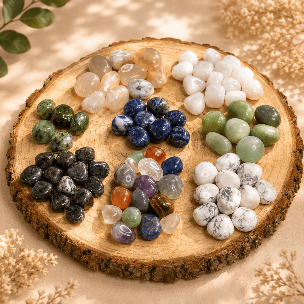 Différents gemstones ronds et polis disposés sur une tranche de bois: noir, vert, bleu, blanc marbré et translucide. En harmonie avec le thème d'estime de soi enfant manque d estee de soi intégrée.