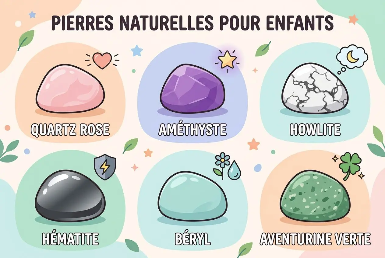 Les enfants peuvent-ils porter des pierres naturelles ?: illustration colorée montrant six pierres naturelles pour enfants: quartz rose, améthyste, howlite, hématite, béryl et aventurine verte, avec titres et motifs lisibles.