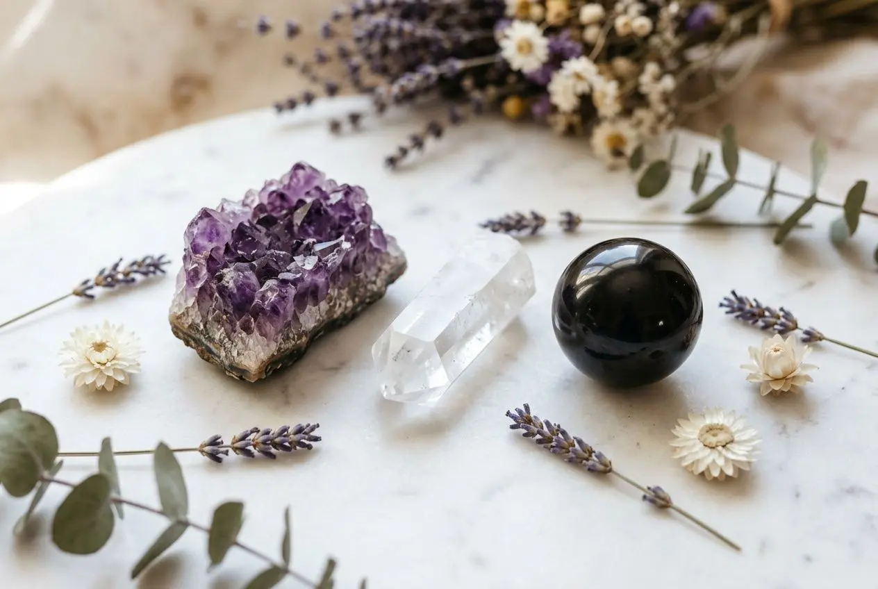 Gros plan sur trois pierres: améthyste entourée de druse violette, cristal clair et sphère noire, avec des fleurs et feuillages décoratifs.