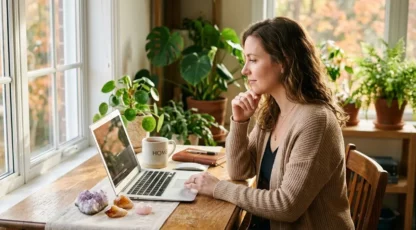Homme ou femme travaillant sur un ordinateur portable à domicile, entouré de plantes, ambiance calme et chaleureuse, pierres décoratives sur la table.