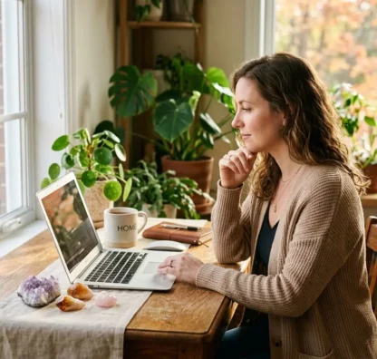 Homme ou femme travaillant sur un ordinateur portable à domicile, entouré de plantes, ambiance calme et chaleureuse, pierres décoratives sur la table.