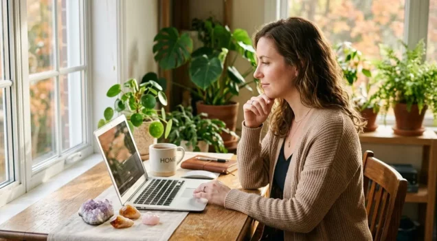 Homme ou femme travaillant sur un ordinateur portable à domicile, entouré de plantes, ambiance calme et chaleureuse, pierres décoratives sur la table.