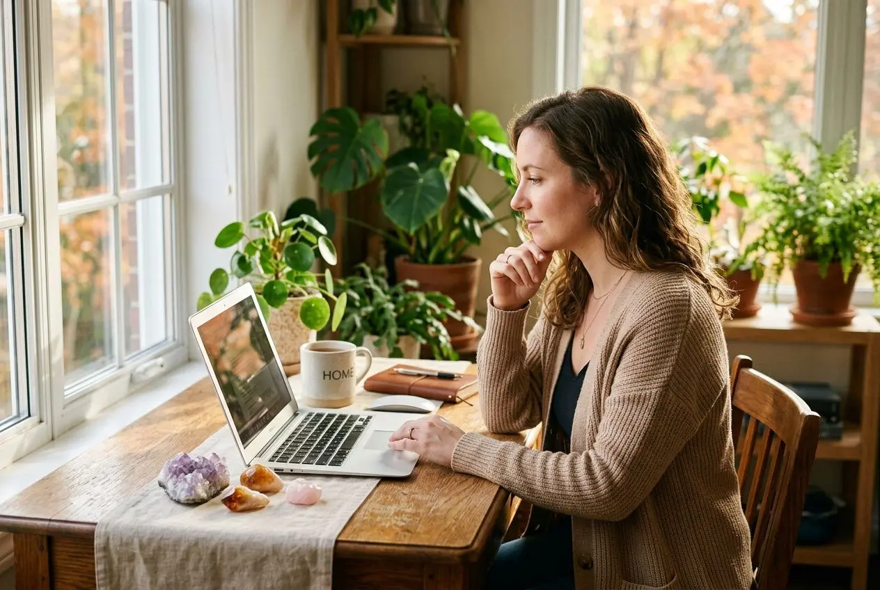 Homme ou femme travaillant sur un ordinateur portable à domicile, entouré de plantes, ambiance calme et chaleureuse, pierres décoratives sur la table.