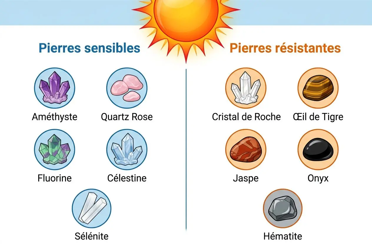 Illustration montrant pierres sensibles (améthyste, quartz rose, fluorine, célestine, sélénite) et pierres résistantes (cristal de roche, œil de tigre, jaspe, onyx, hématite) sous un soleil. Peut-on emmener ses pierres naturelles en vacances ?