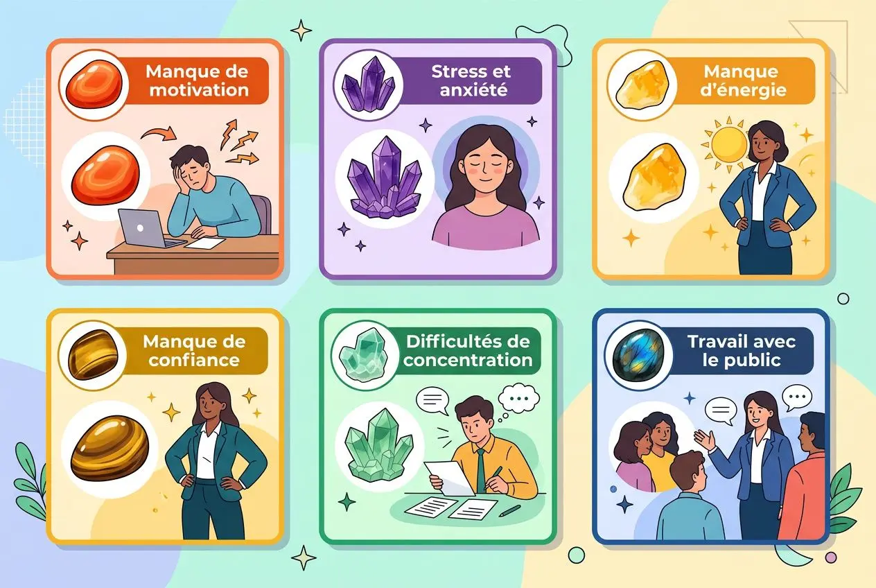Illustration de six cartes sur le bien-être au travail, chacun avec des pierres et des personnages: manque de motivation, stress, manque d’énergie, manque de confiance, difficultés de concentration et travail avec le public.