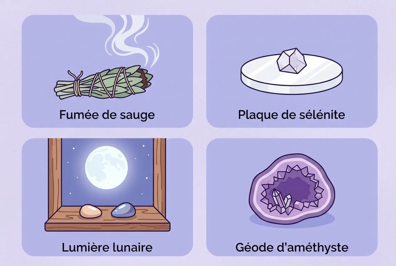 Illustrations: fumée de sauge, plaque de sélénite, lumière lunaire sur une fenêtre, géode d’améthyste. Integrer peut-on prêter sa pierre naturelle ?