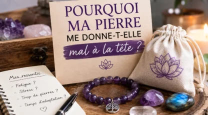 Pourquoi ma pierre me donne-t-elle mal à la tête ? Illustration avec des pierres naturelles, un bracelet en améthyste, un quartz rose, une labradorite et un carnet de ressentis en lithothérapie.