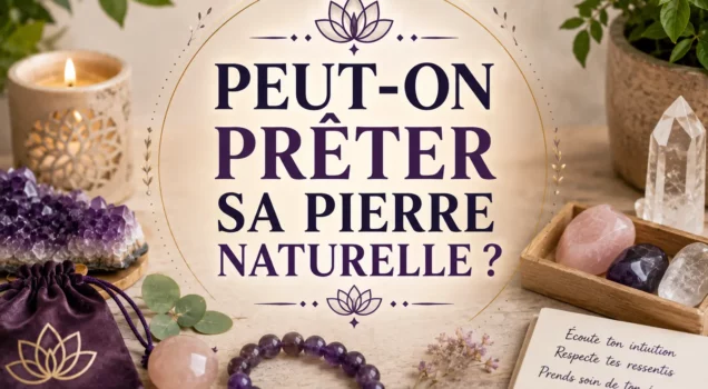 Peut-on prêter sa pierre naturelle ? Illustration avec des pierres naturelles, un bracelet en améthyste, un quartz rose et un cristal de roche autour du thème du partage et de la lithothérapie.