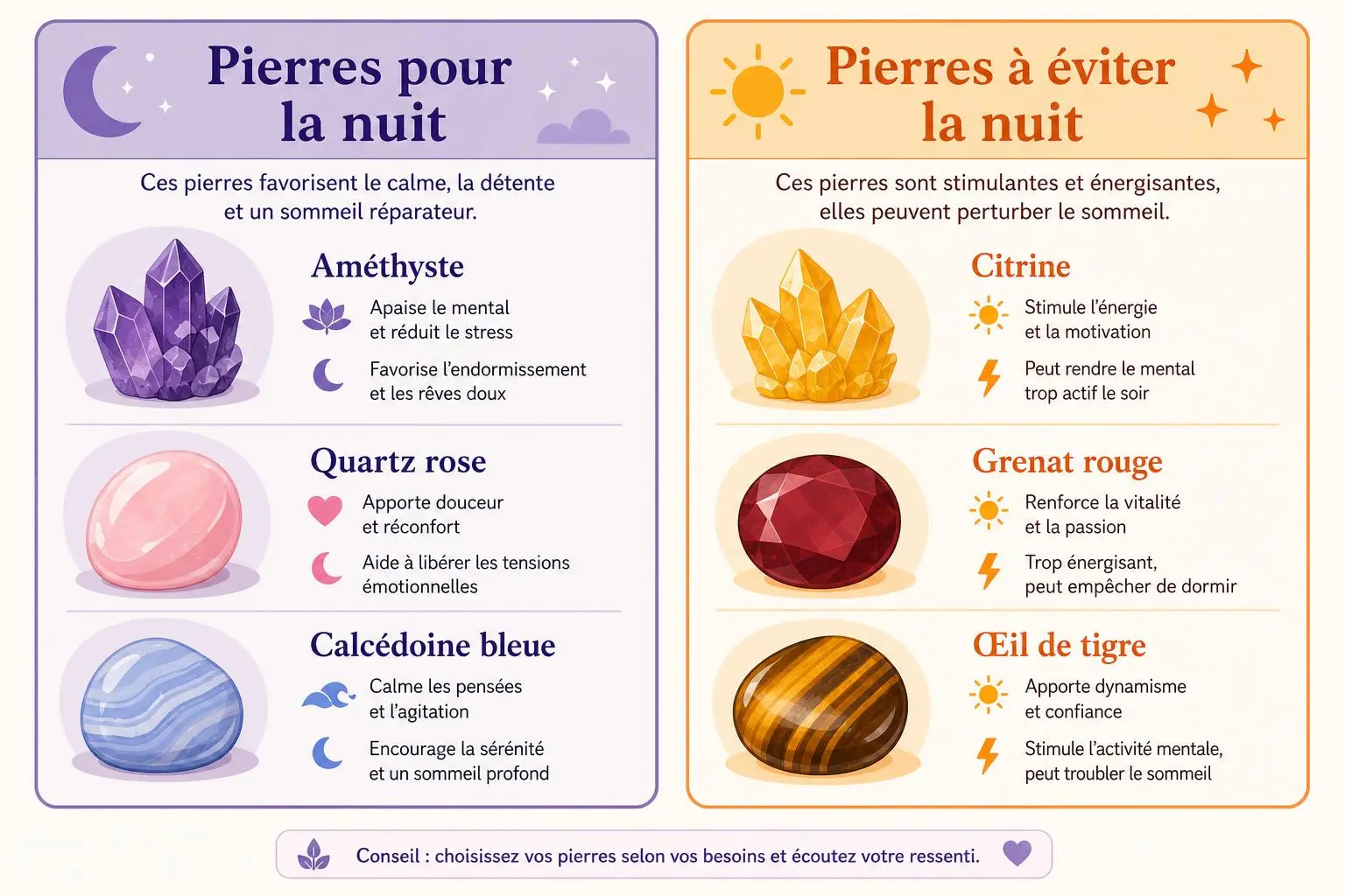 Infographie: Pierres pour la nuit et Pierres à éviter la nuit, avec améthyste, quartz rose et calcédoine bleue à gauche, citrine, grenat rouge et œil de tigre à droite, conseils d’effets sur le sommeil.