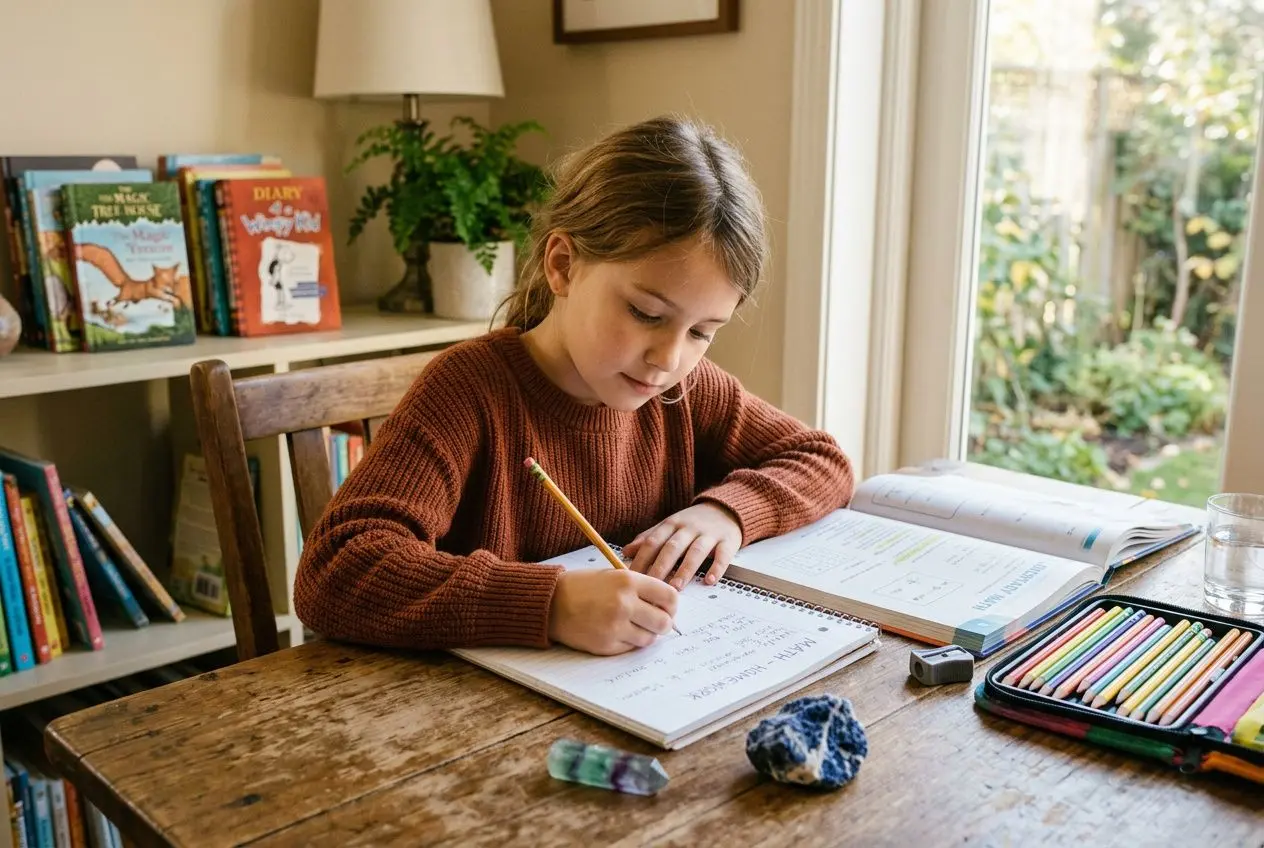 Jeune enfant assise à une table en bois, écrivant dans un cahier, avec des crayons et pierre rudimentaire à côté.