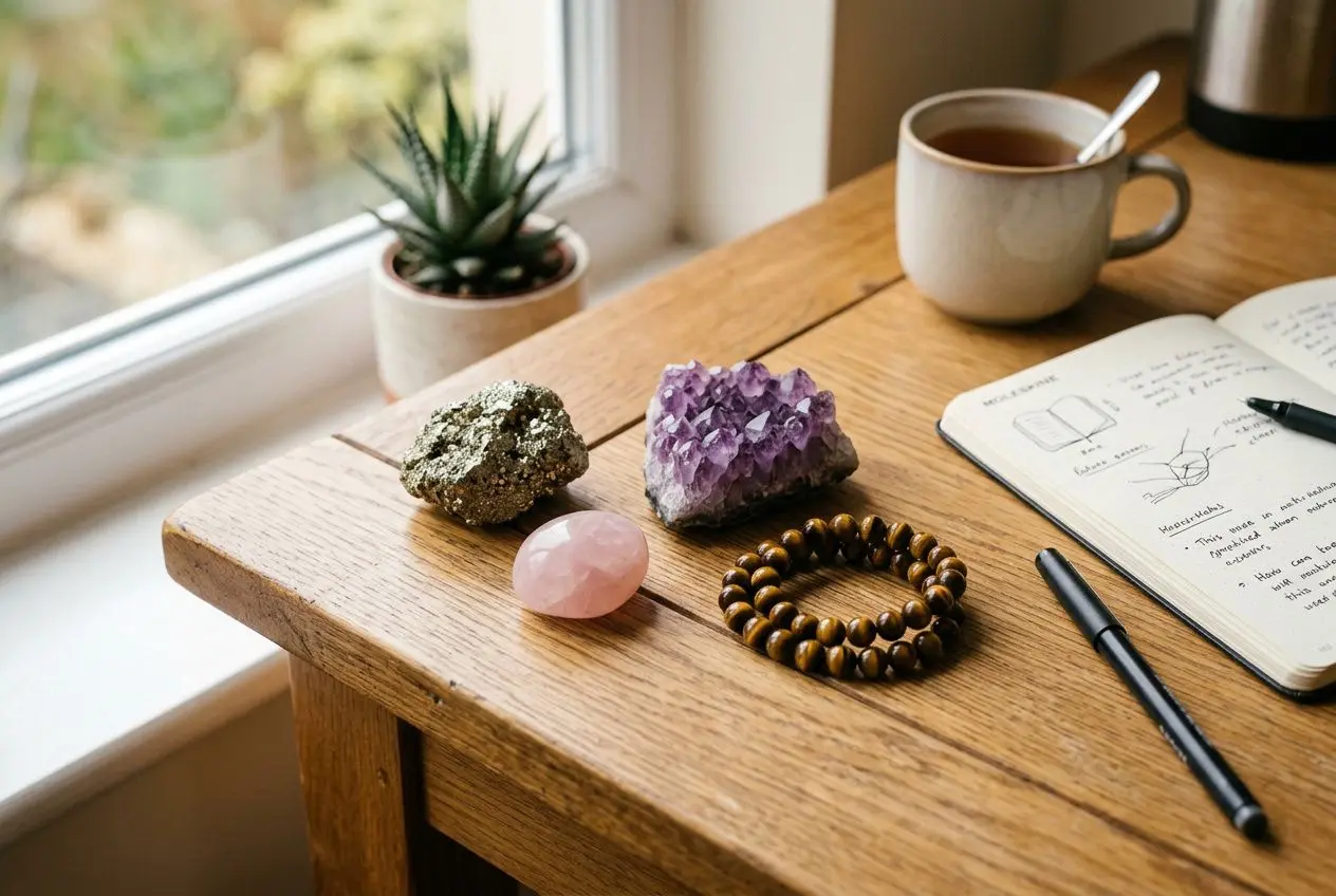 Palette de pierres et perles sur un bureau en bois, près d’un carnet ouvert et d’une tasse chaude.quelle pierre choisir pour reprendre le travail en douceur ?