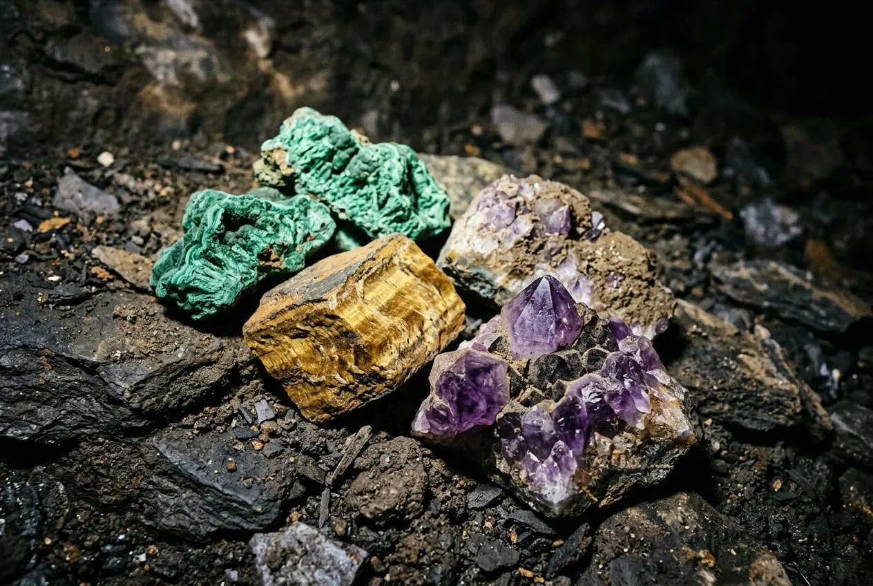 Pépites de pierres naturelles colorées (verts, jaunes et violets) extraites dans une roche sombre, prêtes à être trabalhées. Ainsi comment sont extraites les pierres naturelles ?