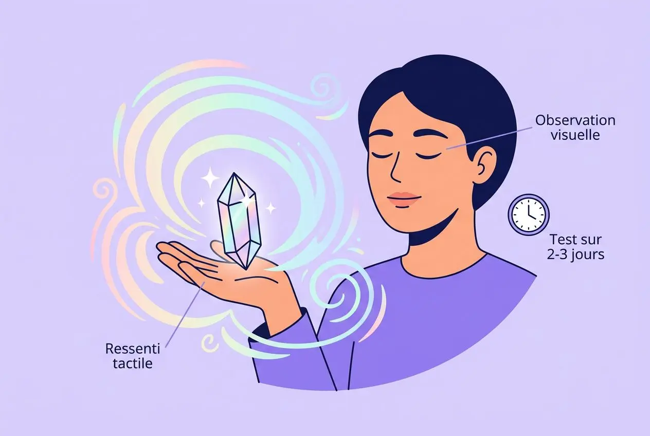 Personne contemplant une pierre brute lumineuse dans la paume, gestes autour d’un cristal, avec observation visuelle et test sur 2-3 jours, ressentis tactiles. comment choisir sa première pierre quand on débute ?