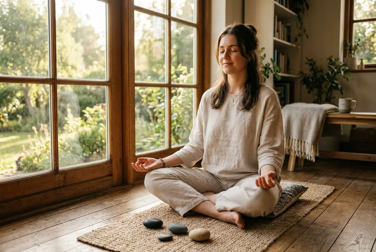 Personne en méditation assise sur un tapis, pierres disposées devant, intérieur lumineux et calme. intégrer: comment développer son intuition