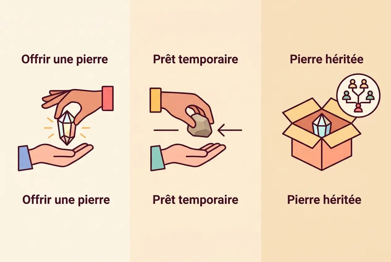 Peut-on prêter sa pierre naturelle ? Infographie montrant offrir ou prêter une pierre, prête temporaire et pierre héritée dans une box.