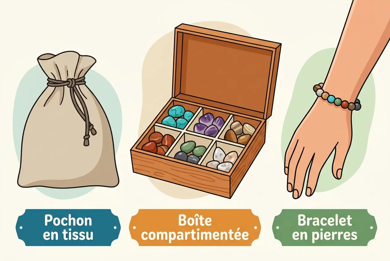 Pochon en tissu, boîte compartimentée et bracelet en pierres pour emmener ses pierres naturelles en vacances.