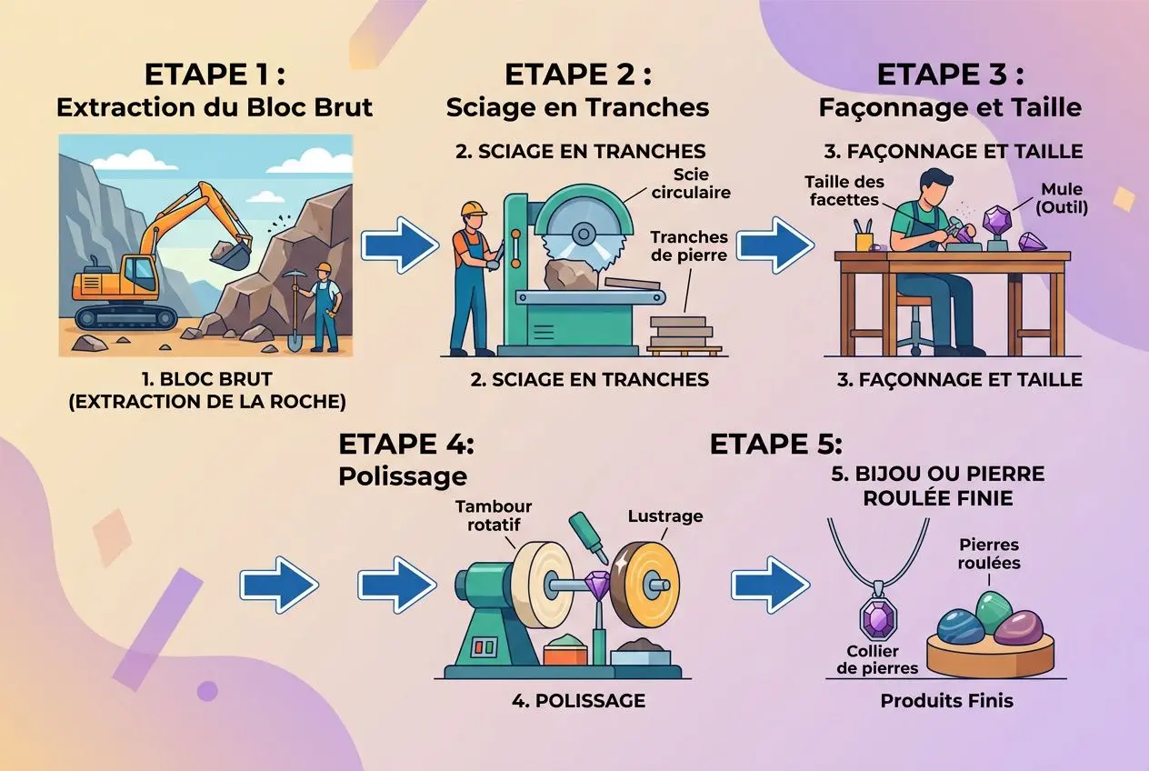 Processus illustré : étapes d’extraction et transformation des pierres et minéraux, depuis l’extraction du bloc brut jusqu’au polissage et produits finis. comment sont extraites les pierres naturelles ?