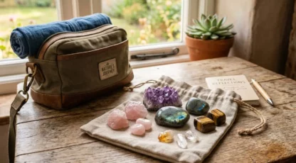 Sac à main et pierres naturelles préparées pour le voyage, dont améthystes et quartz, sur un tapis, prêt à être emporté. peut-on emmener ses pierres naturelles en vacances ?