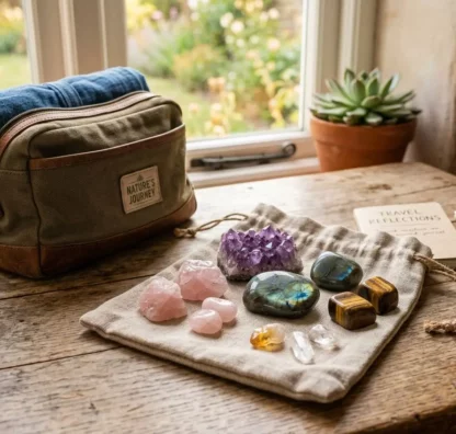 Sac à main et pierres naturelles préparées pour le voyage, dont améthystes et quartz, sur un tapis, prêt à être emporté. peut-on emmener ses pierres naturelles en vacances ?