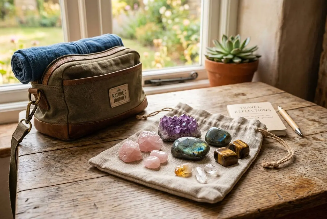 Sac à main et pierres naturelles préparées pour le voyage, dont améthystes et quartz, sur un tapis, prêt à être emporté. peut-on emmener ses pierres naturelles en vacances ?