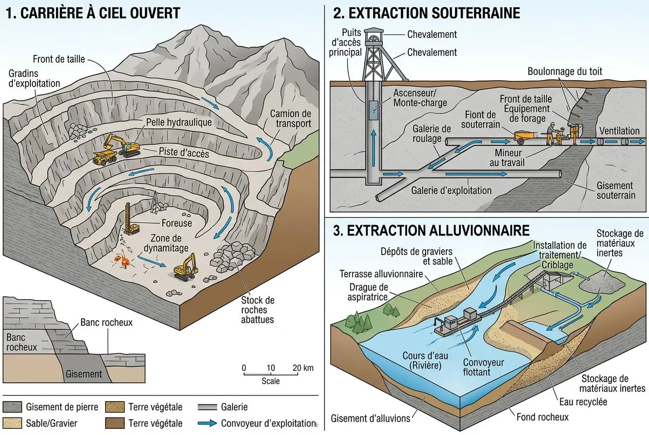 Schéma d’extraction des pierres naturelles montrant carrière à ciel ouvert, extraction souterraine et extraction alluvionnaire avec équipements et flux.