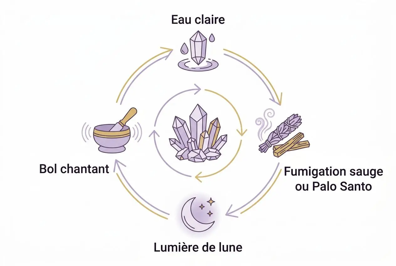 Schéma illustrant purification par pierres naturelles avec eau claire, fumention légère et lumière de lune autour d’un cristal central.